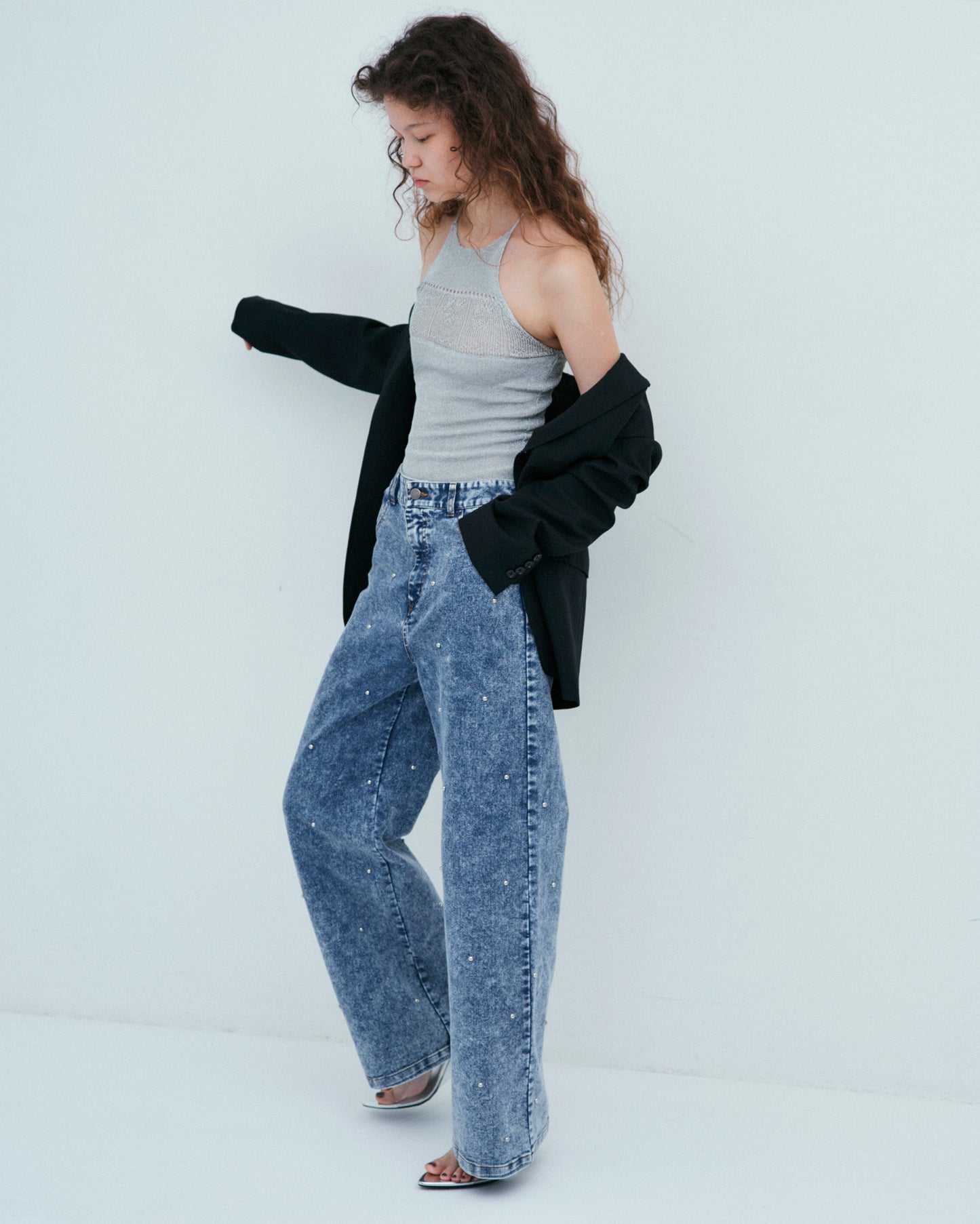 w/LISA (ウィズリサ) | STUDS DENIM PANTS (スタッズデニムパンツ) | ボトムス ウォッシュ 加工 ケミカル ワイド ストレート インディゴ 薄い ライト ドメスティック ブランド ジーンズ  女性 ウィメンズ レディース 4P ロング フルレングス ブルー 青 セットアップ