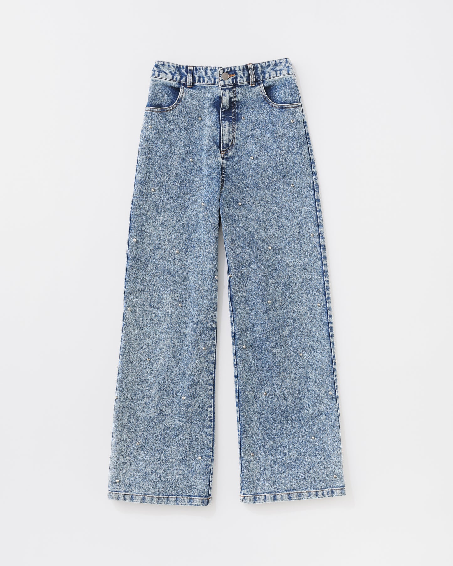 w/LISA (ウィズリサ) | STUDS DENIM PANTS (スタッズデニムパンツ) | ボトムス ウォッシュ 加工 ケミカル ワイド ストレート インディゴ 薄い ライト ドメスティック ブランド ジーンズ  女性 ウィメンズ レディース 4P ロング フルレングス ブルー 青 セットアップ