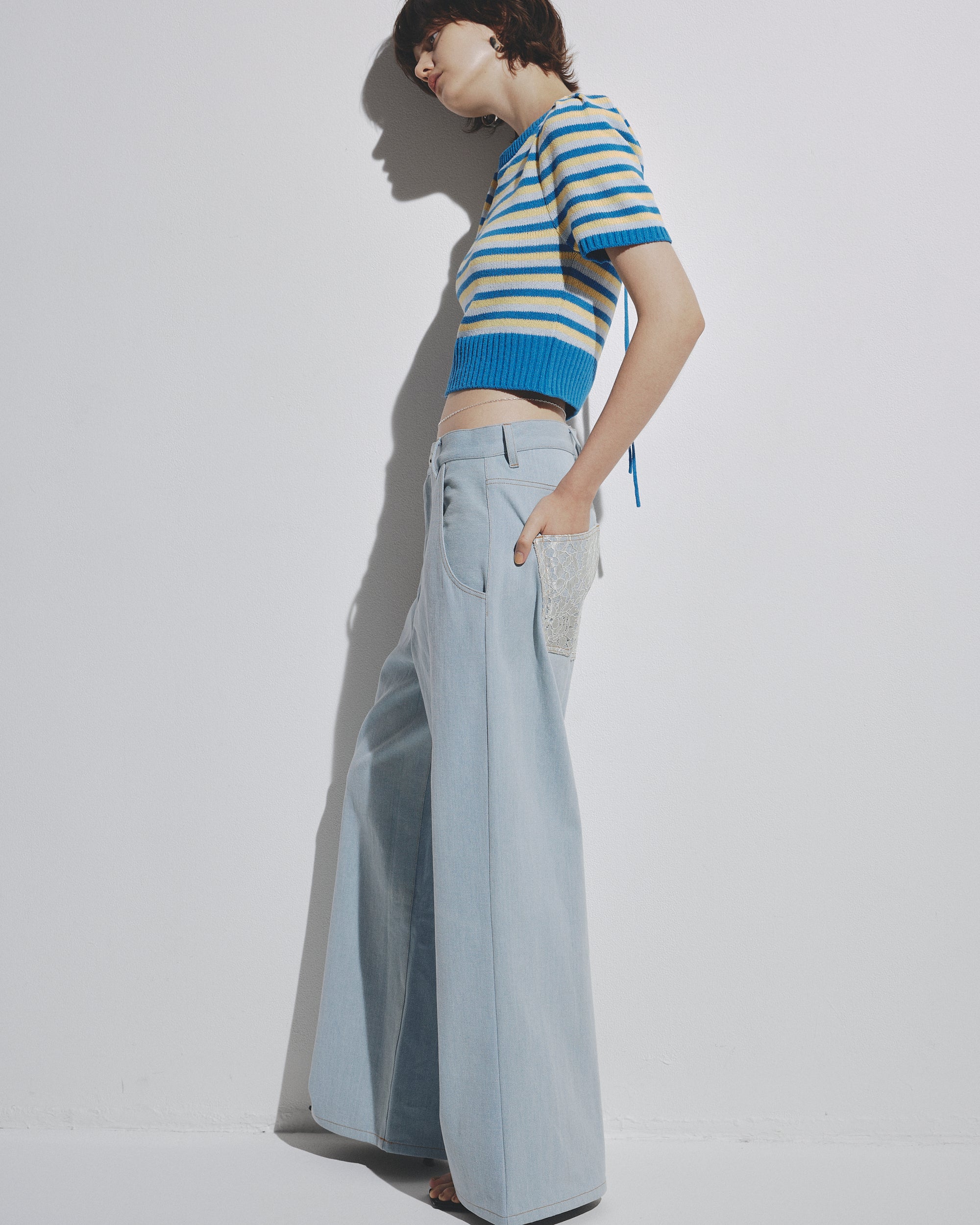 w/LISA (ウィズリサ) | TOWELLING KNIT TOPS (タオル生地ニットトップス) | Uネック ボーダー 柄 半袖 ショートスリーブ クロップド丈 レディース 女性 ウィメンズ