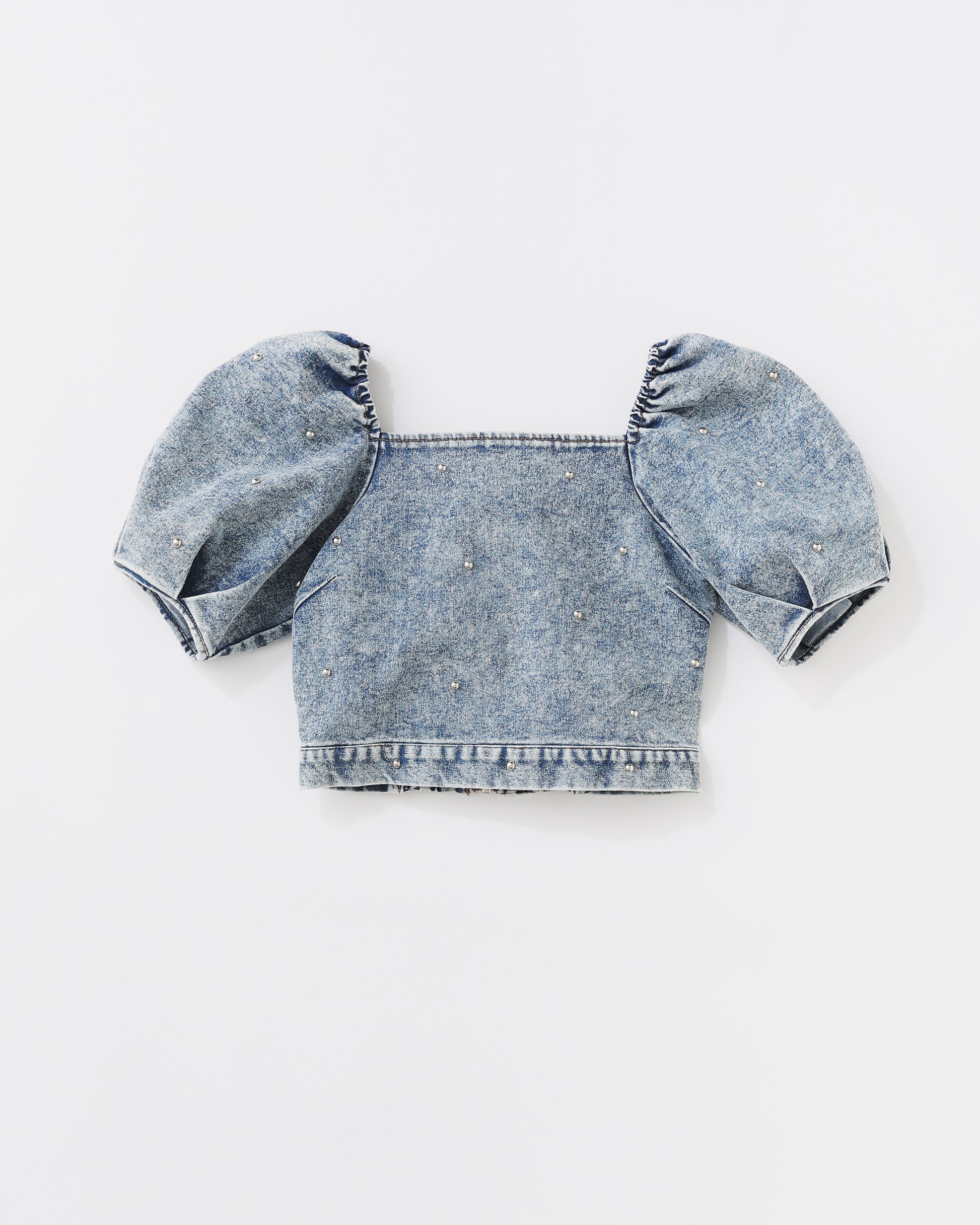 w/LISA (ウィズリサ) | STUDS DENIM TOPS (スタッズデニムトップス) | プルオーバー パフスリーブ 半袖 ショート 短丈 インディゴ ブルー ライト ケミカル ウォッシュ タイト トップス レディース ウィメンズ 女性 ドメスティック ブランド セットアップ