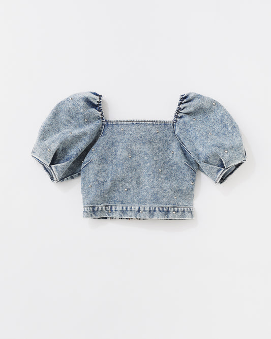 w/LISA (ウィズリサ) | STUDS DENIM TOPS (スタッズデニムトップス) | プルオーバー パフスリーブ 半袖 ショート 短丈 インディゴ ブルー ライト ケミカル ウォッシュ タイト トップス レディース ウィメンズ 女性 ドメスティック ブランド セットアップ