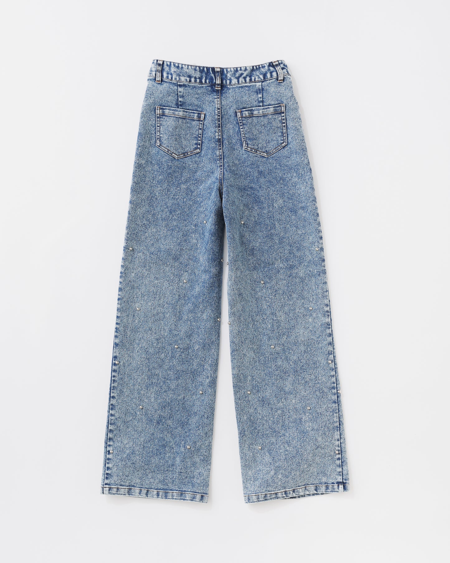 w/LISA (ウィズリサ) | STUDS DENIM PANTS (スタッズデニムパンツ) | ボトムス ウォッシュ 加工 ケミカル ワイド ストレート インディゴ 薄い ライト ドメスティック ブランド ジーンズ  女性 ウィメンズ レディース 4P ロング フルレングス ブルー 青 セットアップ