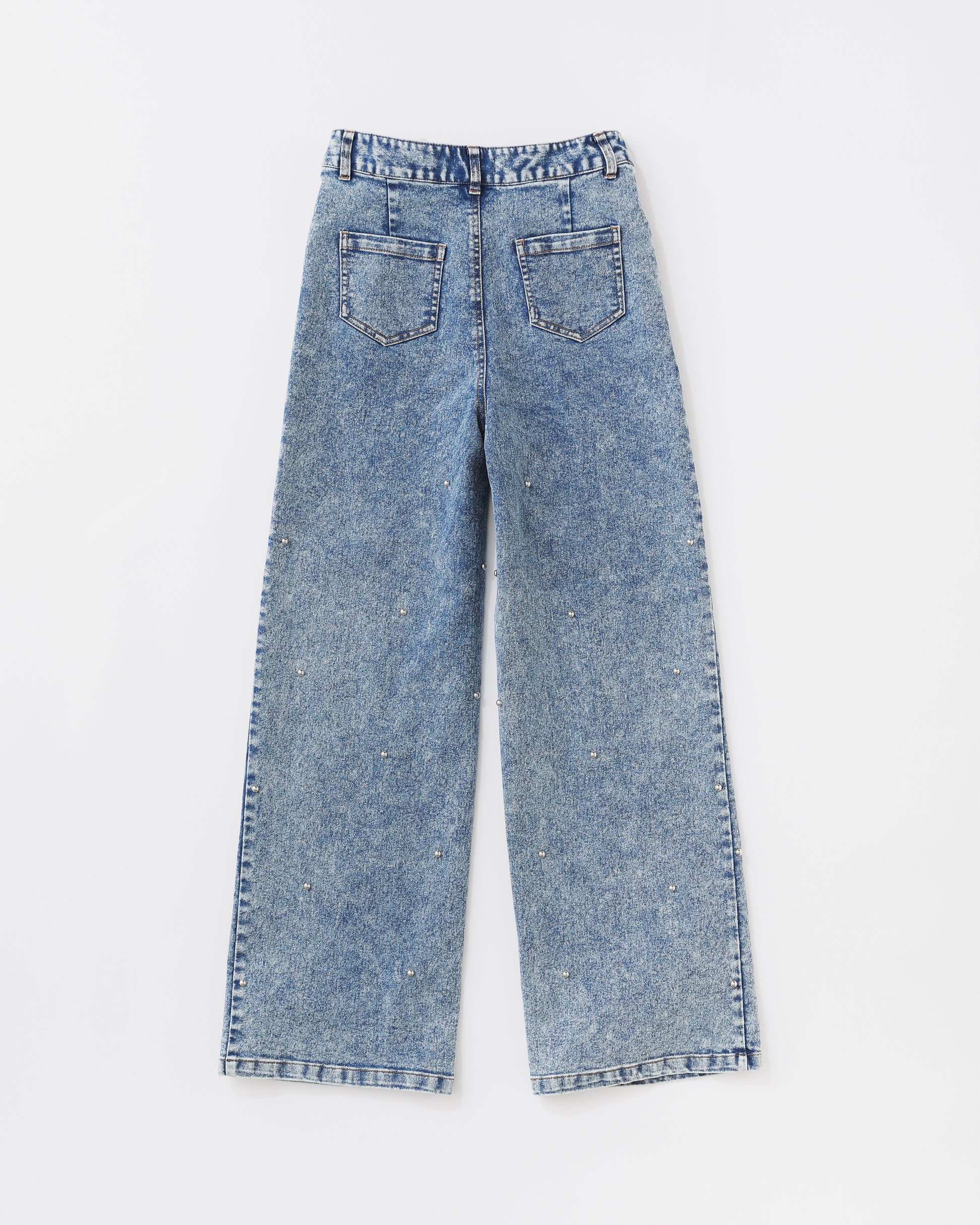 w/LISA (ウィズリサ) | STUDS DENIM PANTS (スタッズデニムパンツ) | ボトムス ウォッシュ 加工 ケミカル ワイド ストレート インディゴ 薄い ライト ドメスティック ブランド ジーンズ  女性 ウィメンズ レディース 4P ロング フルレングス ブルー 青 セットアップ