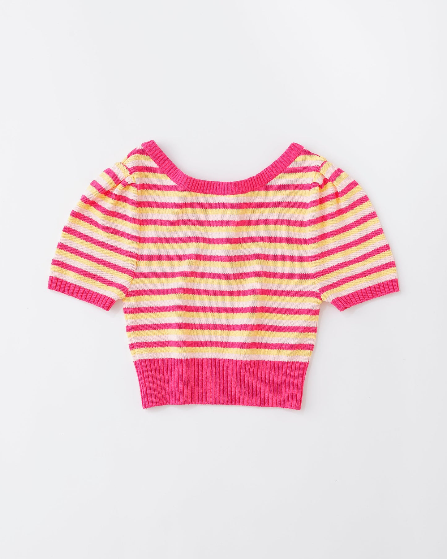 w/LISA (ウィズリサ) | TOWELLING KNIT TOPS (タオル生地ニットトップス) | Uネック ボーダー 柄 半袖 ショートスリーブ クロップド丈 レディース 女性 ウィメンズ マルチカラー ピンク ブランド