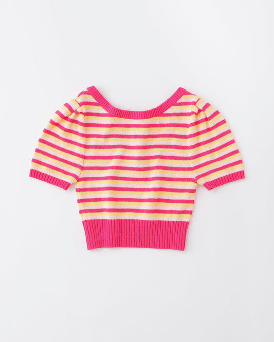 w/LISA (ウィズリサ) | TOWELLING KNIT TOPS (タオル生地ニットトップス) | Uネック ボーダー 柄 半袖 ショートスリーブ クロップド丈 レディース 女性 ウィメンズ マルチカラー ピンク ブランド