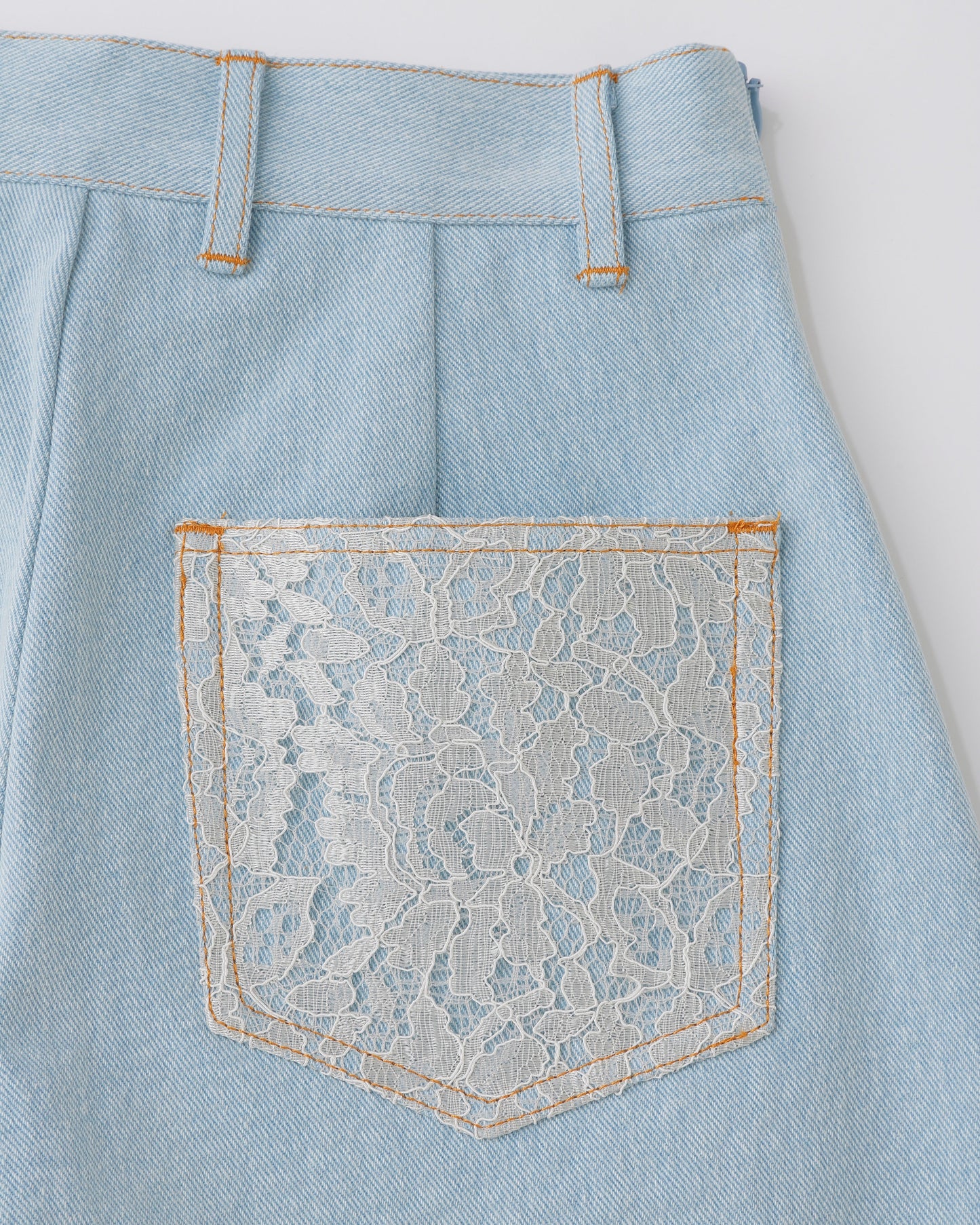 w/LISA (ウィズリサ) | LACE DENIM SKIRT PANTS (レースデニムスカートパンツ) | ショート ボトムス ウィメンズ レディース 女性 インディゴ ライトブルー セットアップ