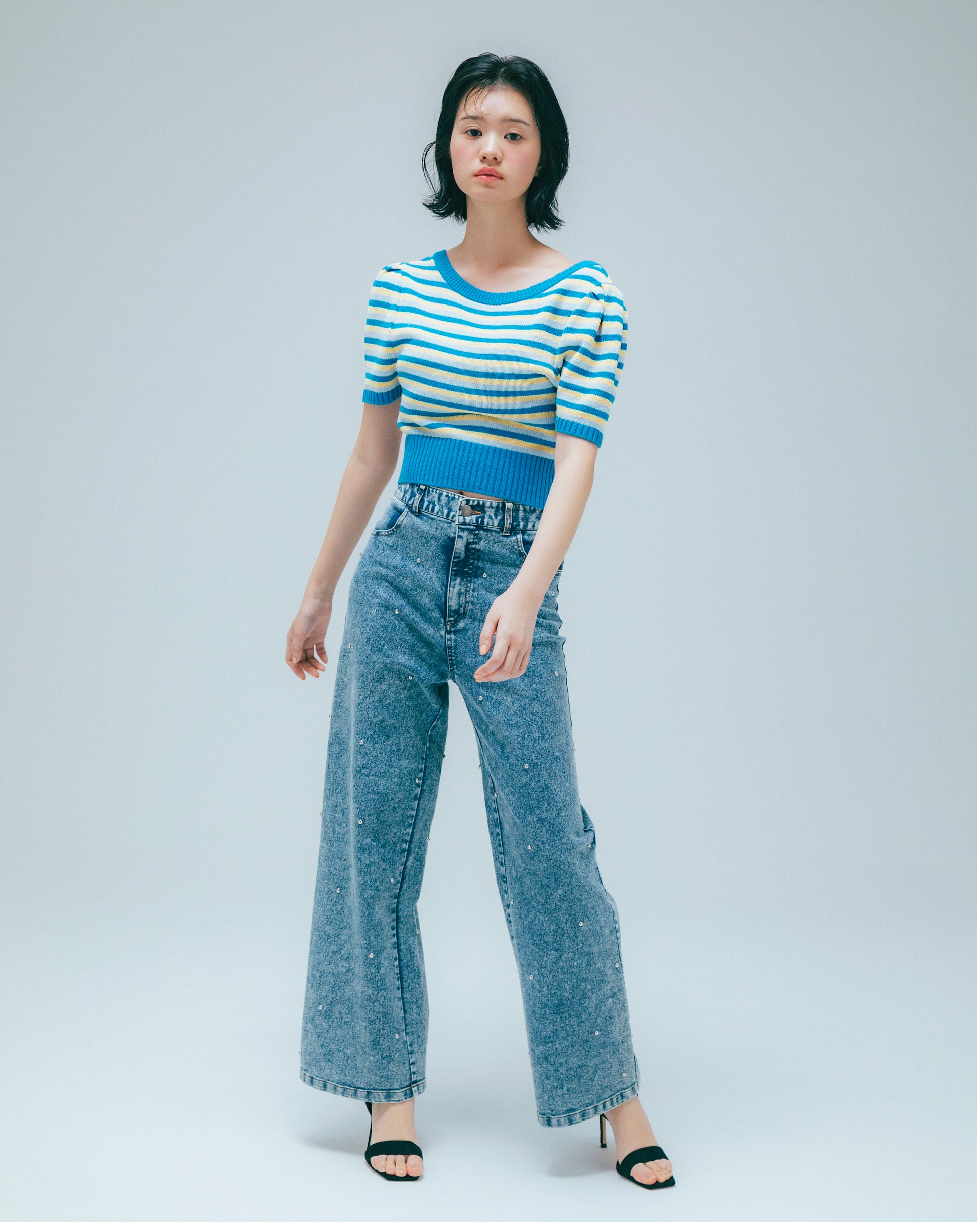 w/LISA (ウィズリサ) | STUDS DENIM PANTS (スタッズデニムパンツ) | ボトムス ウォッシュ 加工 ケミカル ワイド ストレート インディゴ 薄い ライト ドメスティック ブランド ジーンズ  女性 ウィメンズ レディース 4P ロング フルレングス ブルー 青 セットアップ