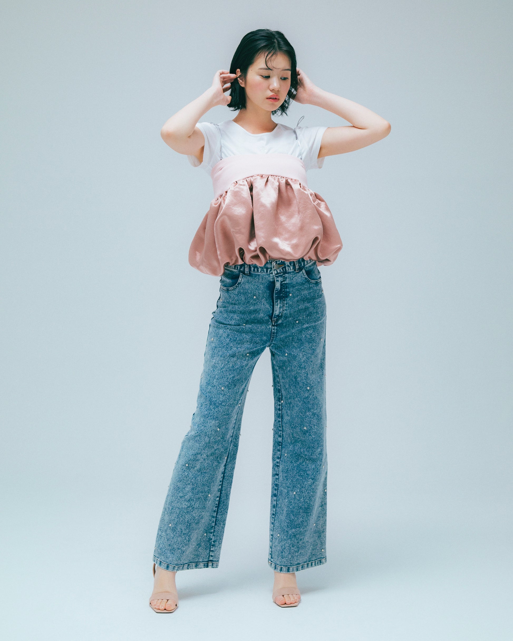 w/LISA (ウィズリサ) | STUDS DENIM PANTS (スタッズデニムパンツ) | ボトムス ウォッシュ 加工 ケミカル ワイド ストレート インディゴ 薄い ライト ドメスティック ブランド ジーンズ  女性 ウィメンズ レディース 4P ロング フルレングス ブルー 青 セットアップ