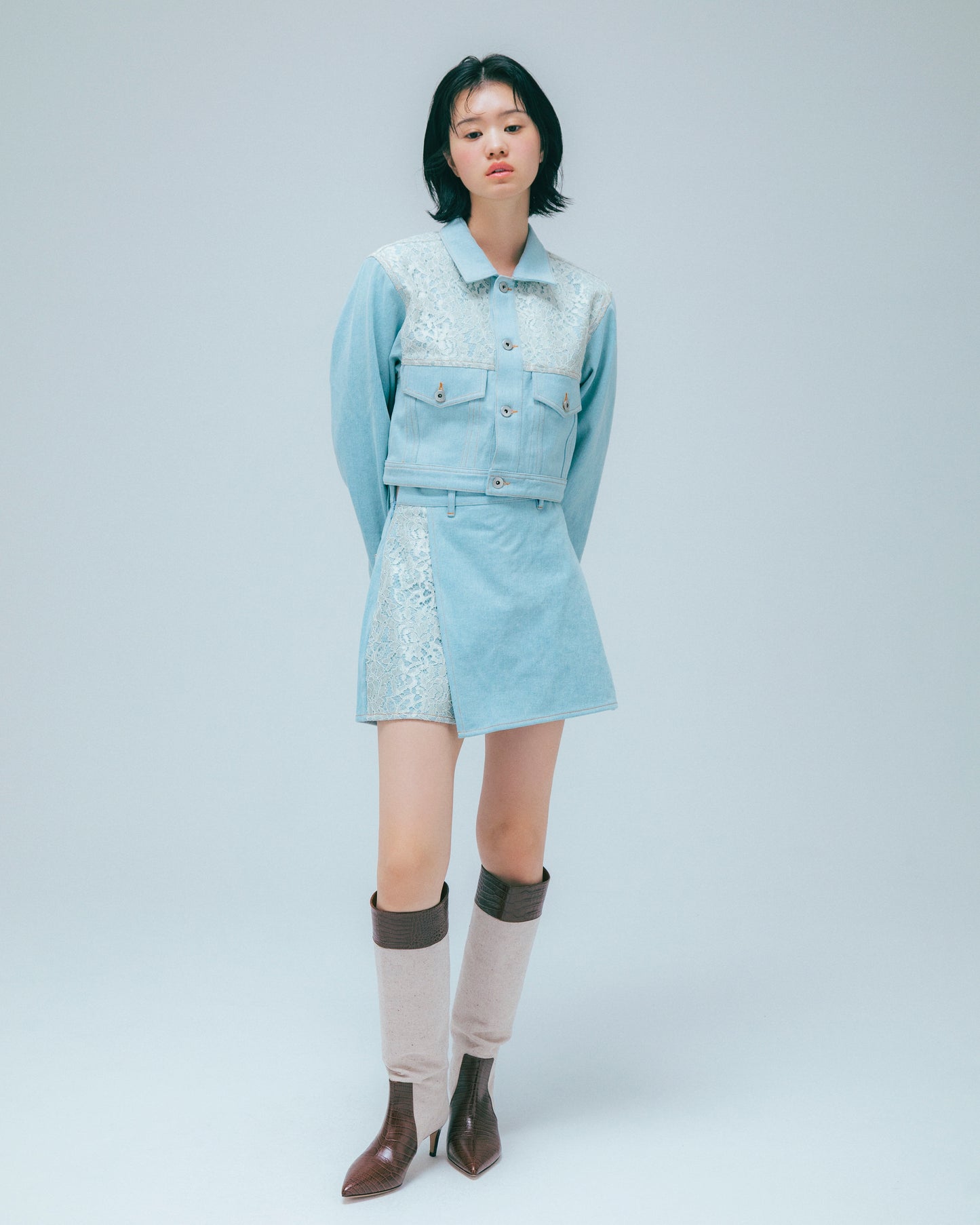 w/LISA (ウィズリサ) | LACE DENIM SKIRT PANTS (レースデニムスカートパンツ) | ショート ボトムス ウィメンズ レディース 女性 インディゴ ライトブルー セットアップ