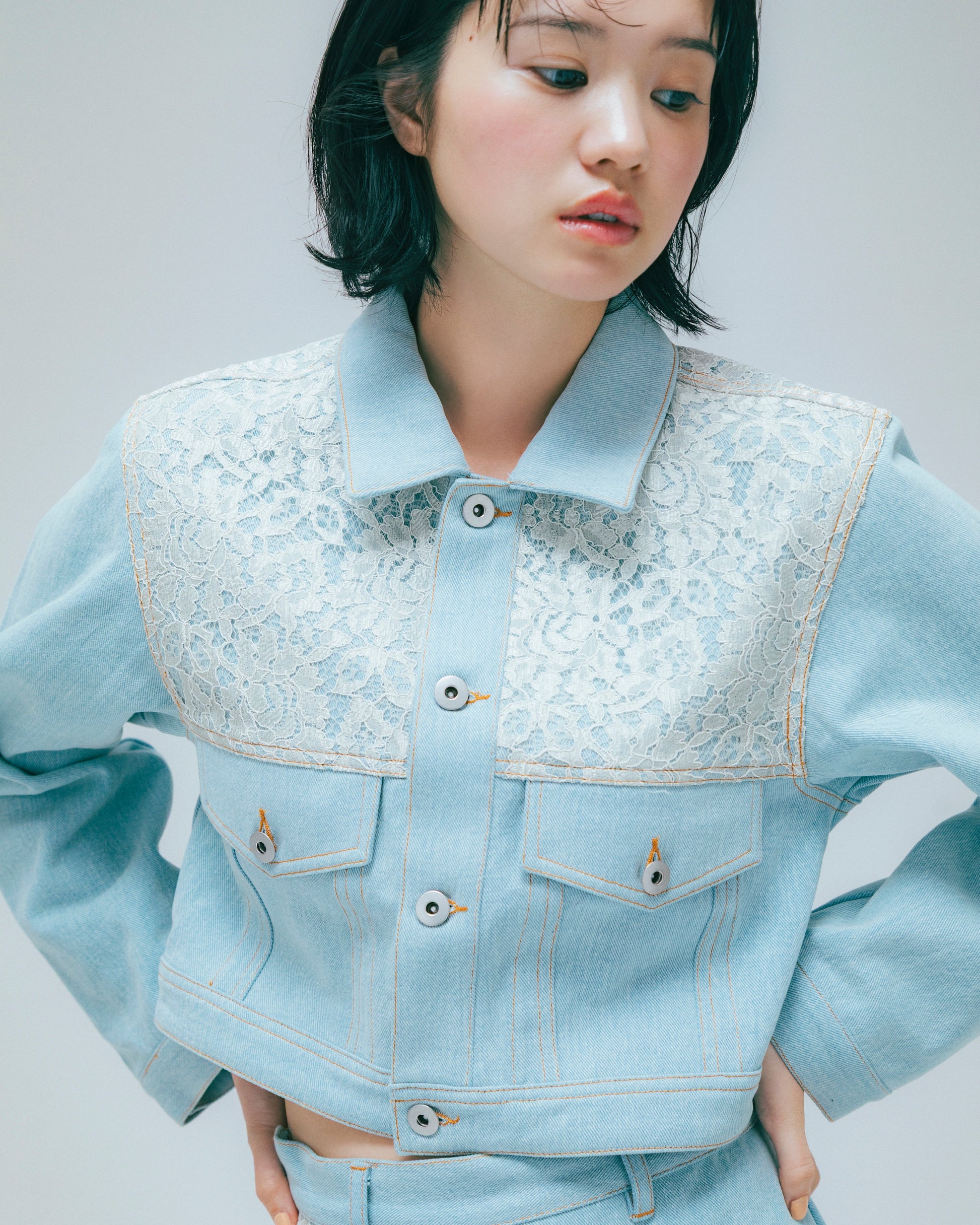 w/LISA (ウィズリサ) | LACE DENIM JACKET (レースデニムジャケット) | セットアップ トラッカー ライトブルー インディゴ レディース ウィメンズ 女性 ブルゾン サックス ショート丈 サード型