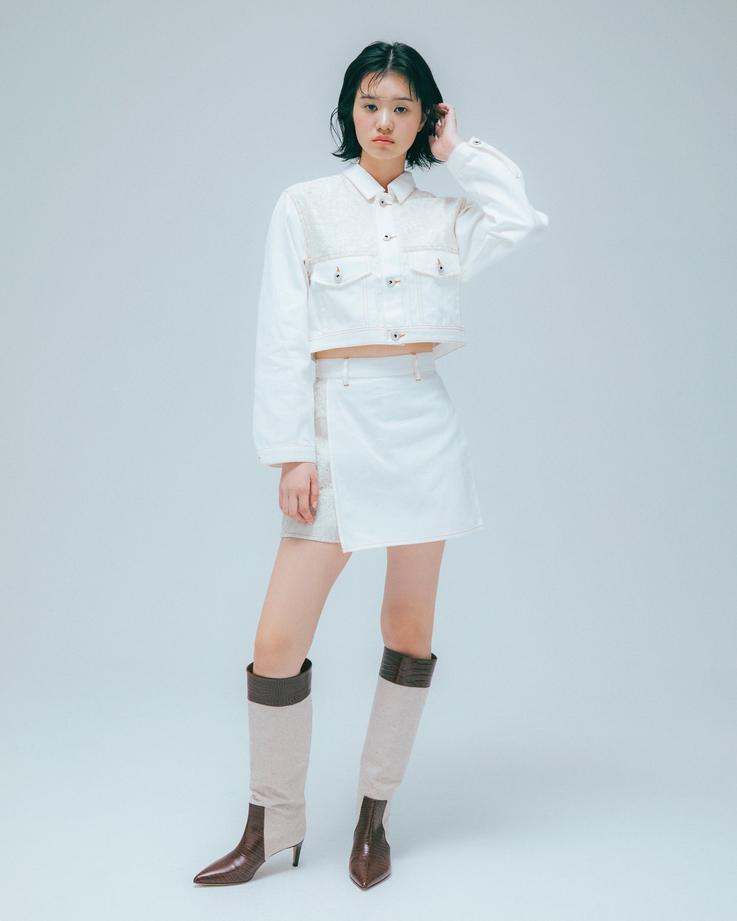 w/LISA (ウィズリサ) | LACE DENIM JACKET (レースデニムジャケット) | セットアップ トラッカー ライトブルー インディゴ レディース ウィメンズ 女性 ブルゾン ホワイト アイボリー ショート丈 ブランド サード型