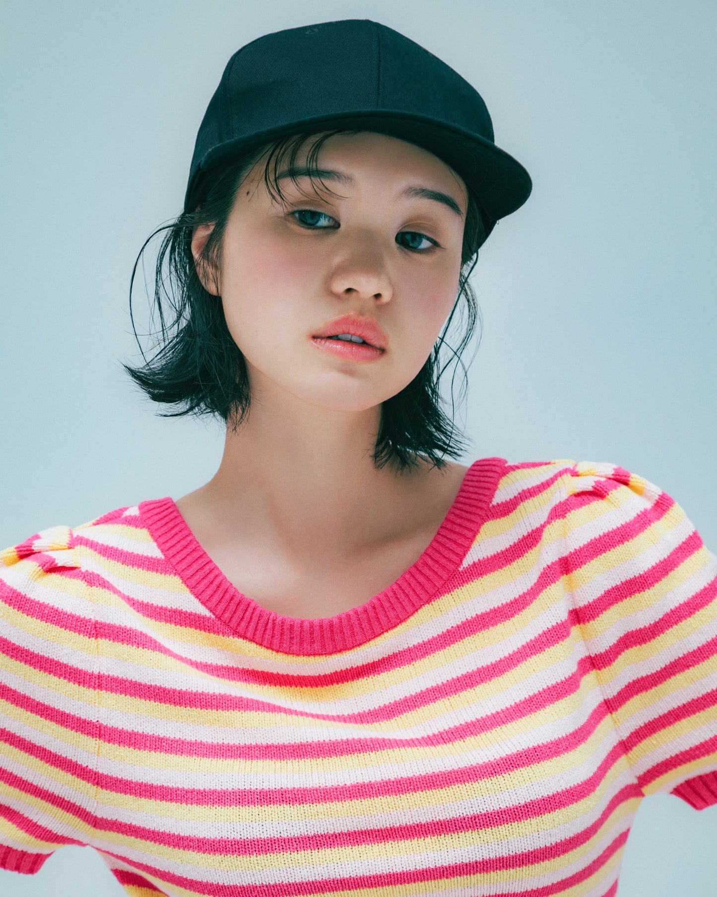 w/LISA (ウィズリサ) | TOWELLING KNIT TOPS (タオル生地ニットトップス) | Uネック ボーダー 柄 半袖 ショートスリーブ クロップド丈 レディース 女性 ウィメンズ マルチカラー ピンク ブランド