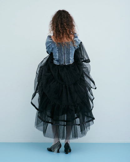 w/LISA (ウィズリサ) | STUDS DENIM TOPS (スタッズデニムトップス) | プルオーバー パフスリーブ 半袖 ショート 短丈 インディゴ ブルー ライト ケミカル ウォッシュ タイト トップス レディース ウィメンズ 女性 ドメスティック ブランド セットアップ