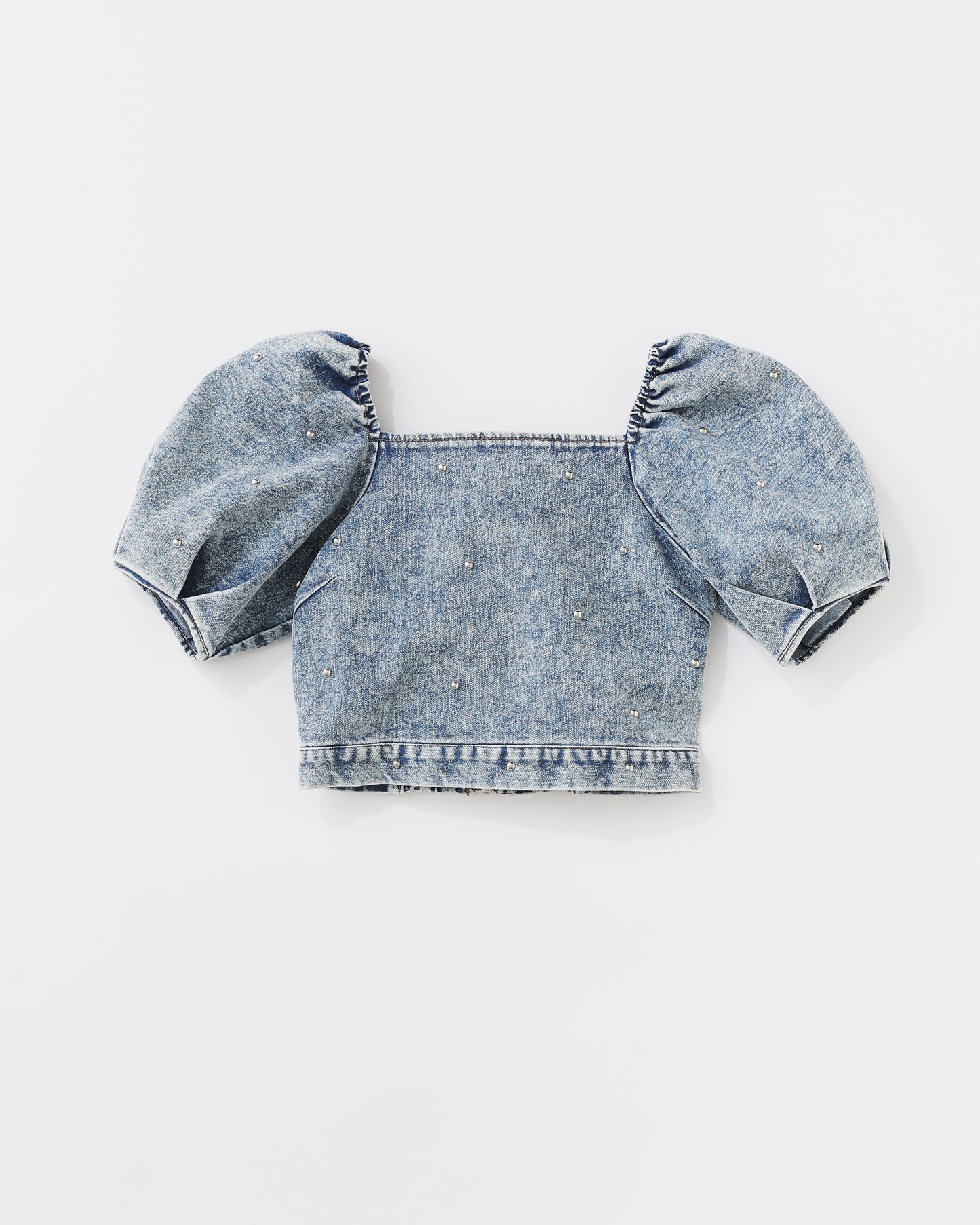 w/LISA (ウィズリサ) | STUDS DENIM TOPS (スタッズデニムトップス) | プルオーバー パフスリーブ 半袖 ショート 短丈 インディゴ ブルー ライト ケミカル ウォッシュ タイト トップス レディース ウィメンズ 女性 ドメスティック ブランド セットアップ