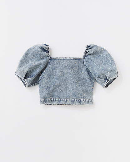 w/LISA (ウィズリサ) | STUDS DENIM TOPS (スタッズデニムトップス) | プルオーバー パフスリーブ 半袖 ショート 短丈 インディゴ ブルー ライト ケミカル ウォッシュ タイト トップス レディース ウィメンズ 女性 ドメスティック ブランド セットアップ