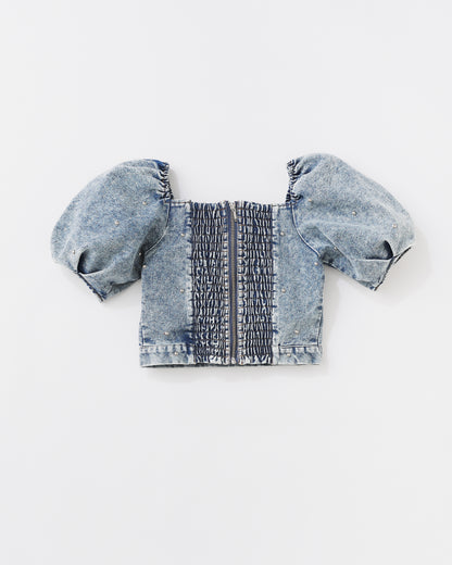 w/LISA (ウィズリサ) | STUDS DENIM TOPS (スタッズデニムトップス) | プルオーバー パフスリーブ 半袖 ショート 短丈 インディゴ ブルー ライト ケミカル ウォッシュ タイト トップス レディース ウィメンズ 女性 ドメスティック ブランド セットアップ