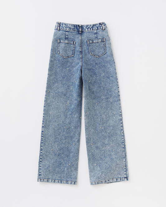 w/LISA (ウィズリサ) | STUDS DENIM PANTS (スタッズデニムパンツ) | ボトムス ウォッシュ 加工 ケミカル ワイド ストレート インディゴ 薄い ライト ドメスティック ブランド ジーンズ  女性 ウィメンズ レディース 4P ロング フルレングス ブルー 青 セットアップ