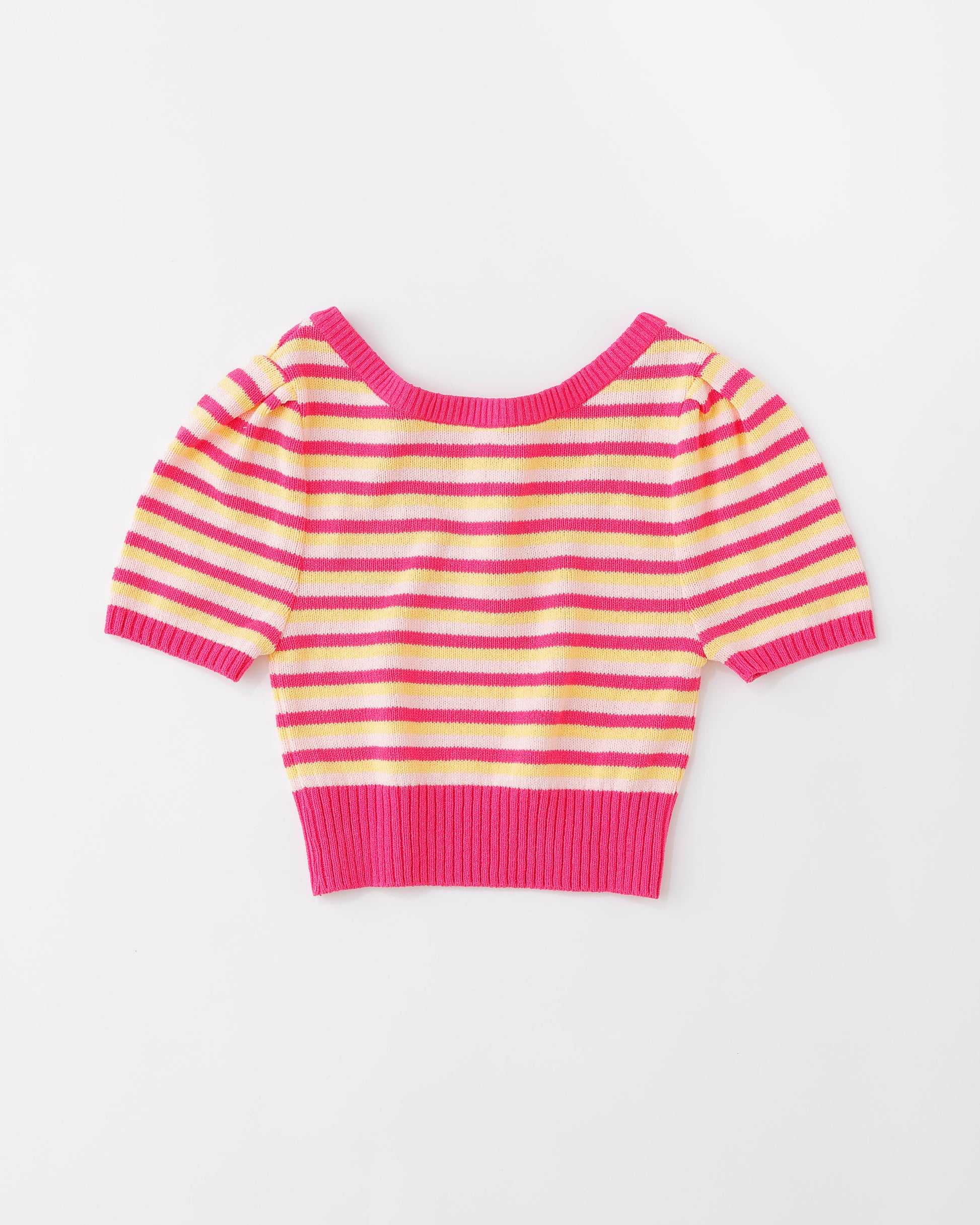 w/LISA (ウィズリサ) | TOWELLING KNIT TOPS (タオル生地ニットトップス) | Uネック ボーダー 柄 半袖 ショートスリーブ クロップド丈 レディース 女性 ウィメンズ マルチカラー ピンク ブランド