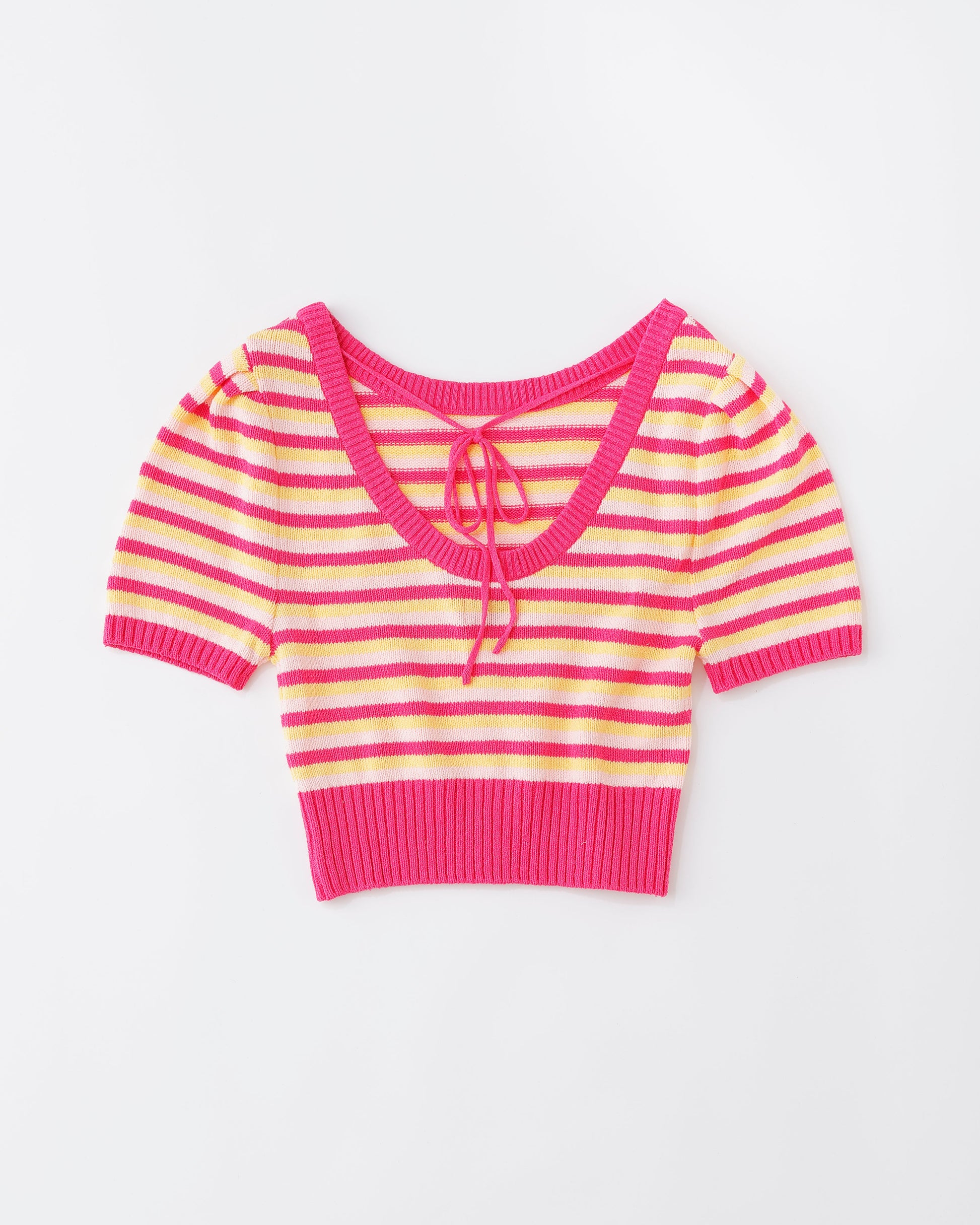 w/LISA (ウィズリサ) | TOWELLING KNIT TOPS (タオル生地ニットトップス) | Uネック ボーダー 柄 半袖 ショートスリーブ クロップド丈 レディース 女性 ウィメンズ