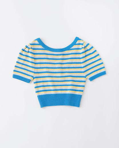 w/LISA (ウィズリサ) | TOWELLING KNIT TOPS (タオル生地ニットトップス) | Uネック ボーダー 柄 半袖 ショートスリーブ クロップド丈 レディース 女性 ウィメンズ