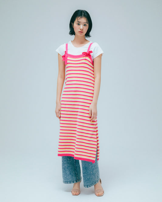 w/LISA (ウィズリサ) | TOWELLING KNIT DRESS (タオル生地ニットワンピース) | ボーダー 柄 半袖 ノースリーブ レディース 女性 ウィメンズ リボン スリット マルチカラー ピンク ブランド